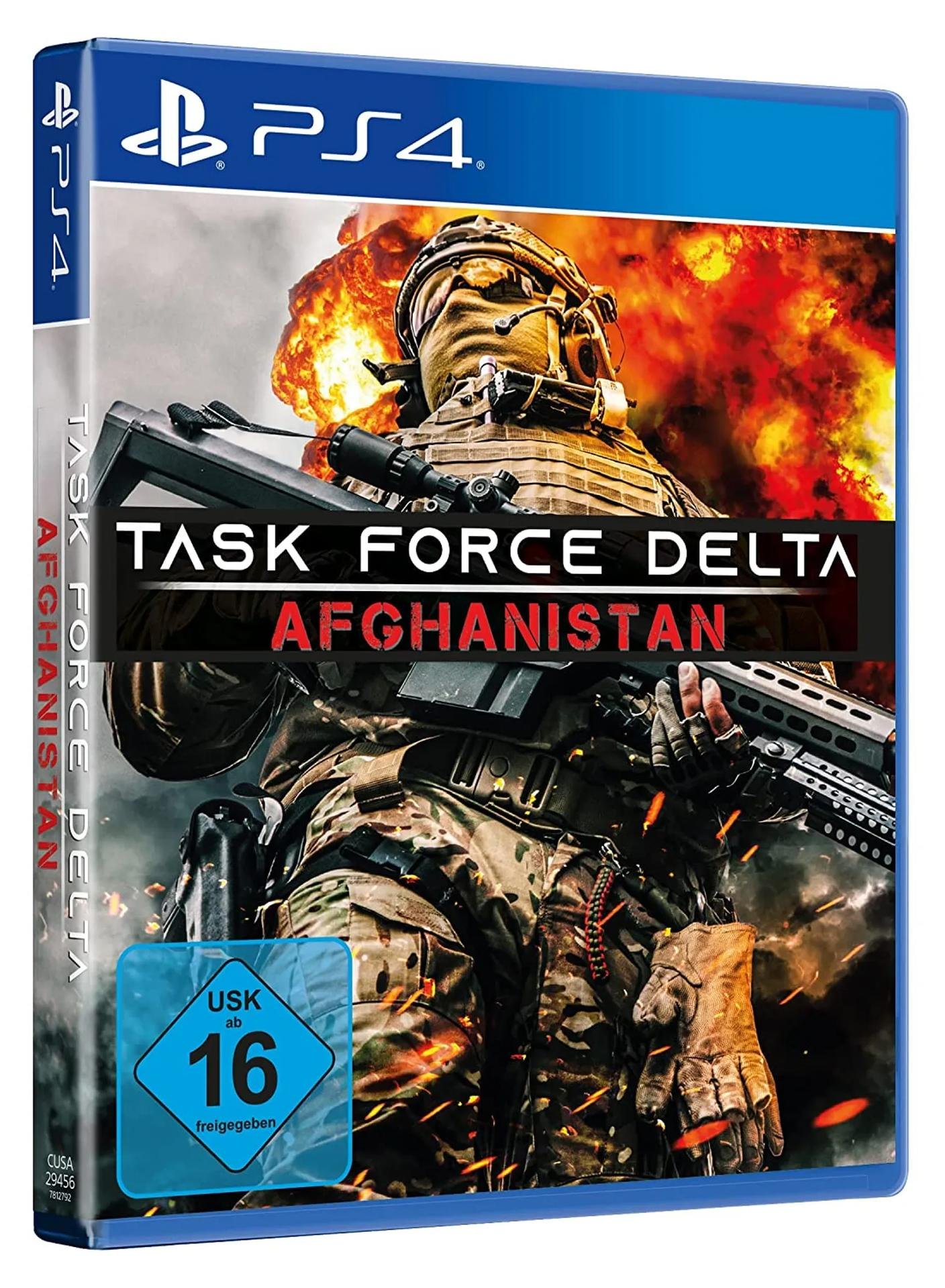 PS4-Spielbox: Task Force Delta Afghanistan. Soldat mit Waffe, Explosionen im Hintergrund.