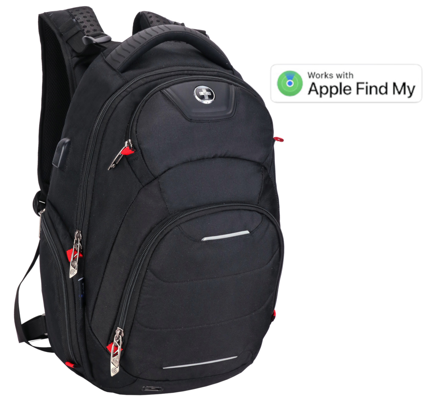 Un sac à dos noir avec des accents rouges, avec un logo 'Works with Apple Find My'.