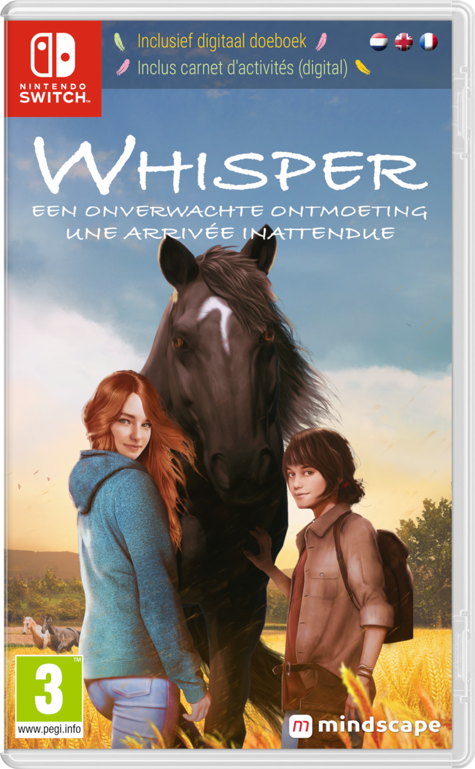 Whisper, couverture du jeu Nintendo Switch, deux personnes et un cheval dans un champ.
