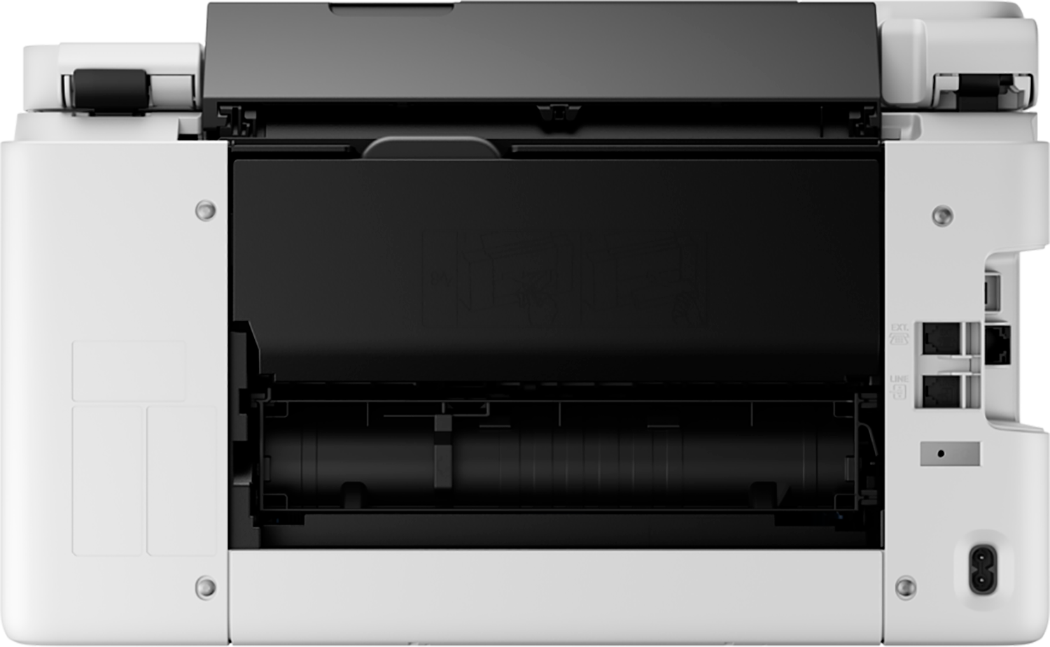 Back view of a white printer with open top. Shows internal components and ports.