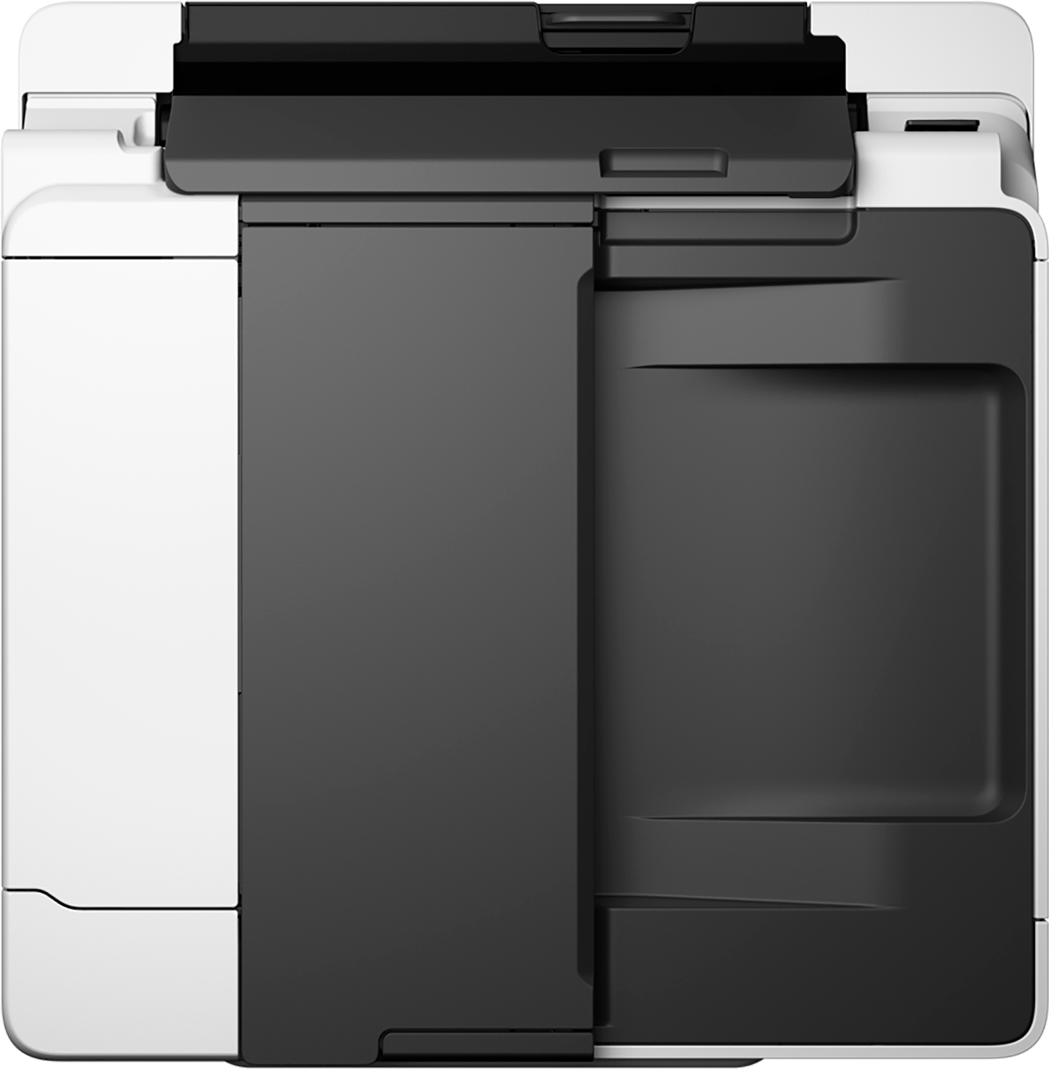 A printer, mostly black, with a white side panel and a black top.