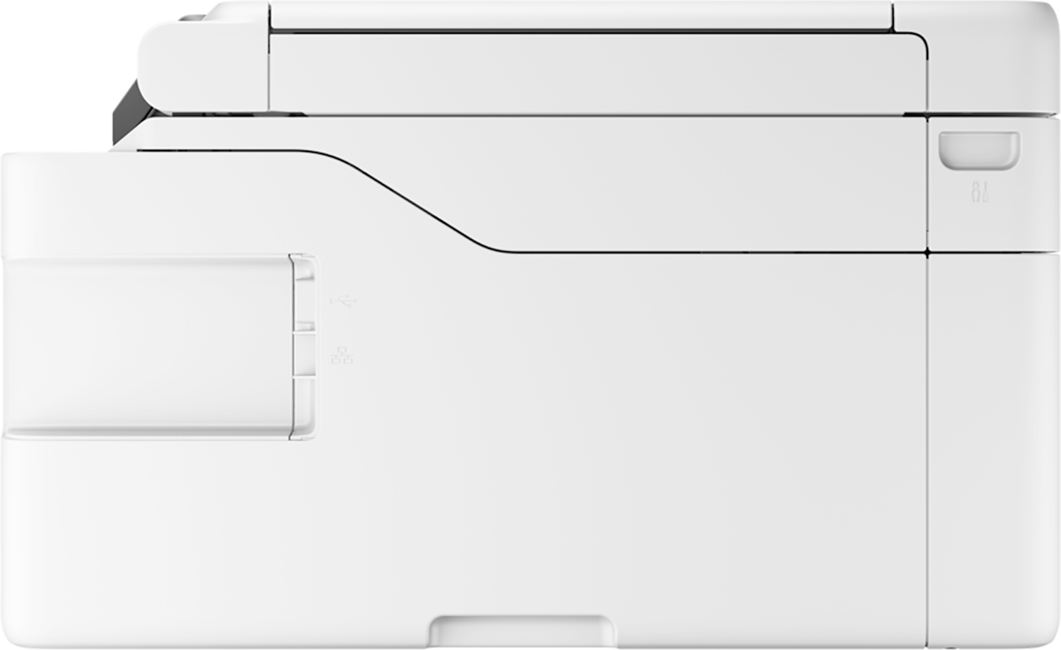 Side view of a white printer, showing the top paper input and the side ports.