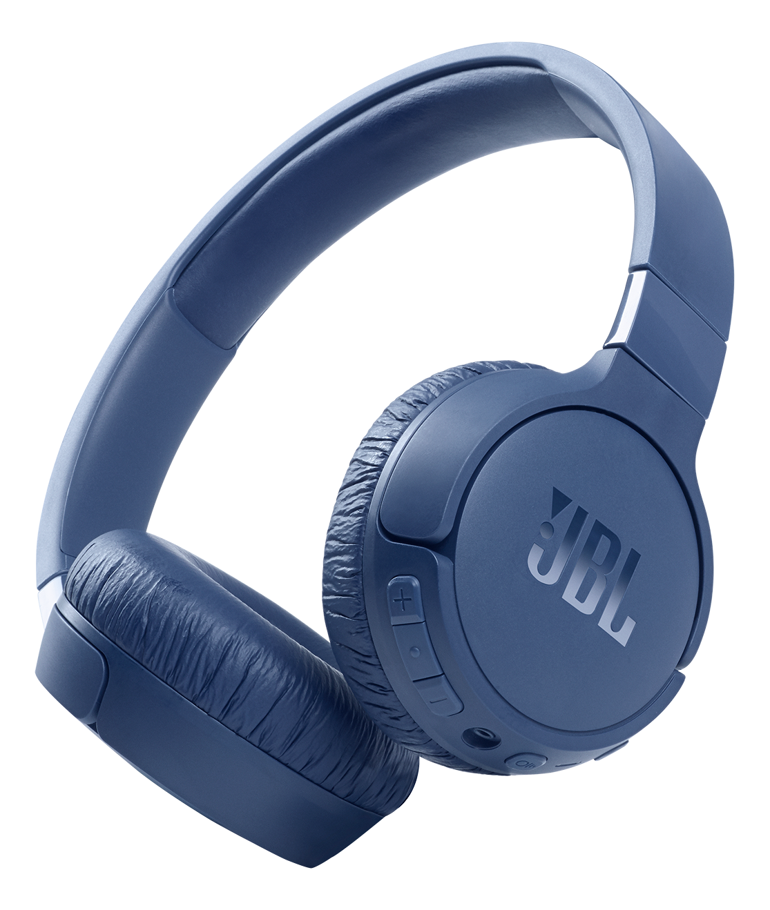 Blaue JBL-Kopfhörer mit weißem JBL-Logo, schräge Ansicht.
