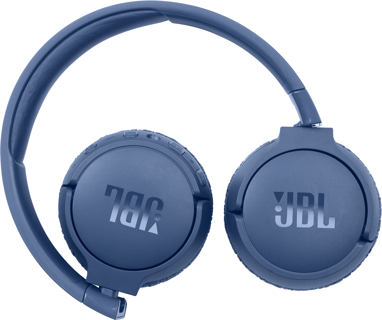 Blaue JBL-Kopfhörer. Die Ohrmuscheln sind kreisförmig mit JBL-Logos. Der Kopfbügel ist gebogen. Die Kopfhörer liegen auf Weiß.