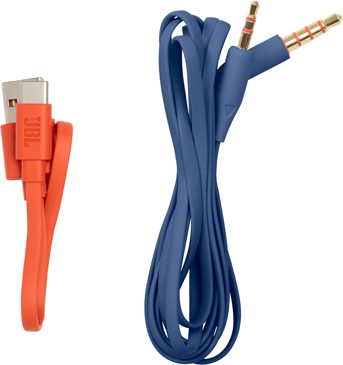 Oranges USB-zu-USB-C-Kabel und blaues 3,5-mm-Audiokabel, beide von JBL.
