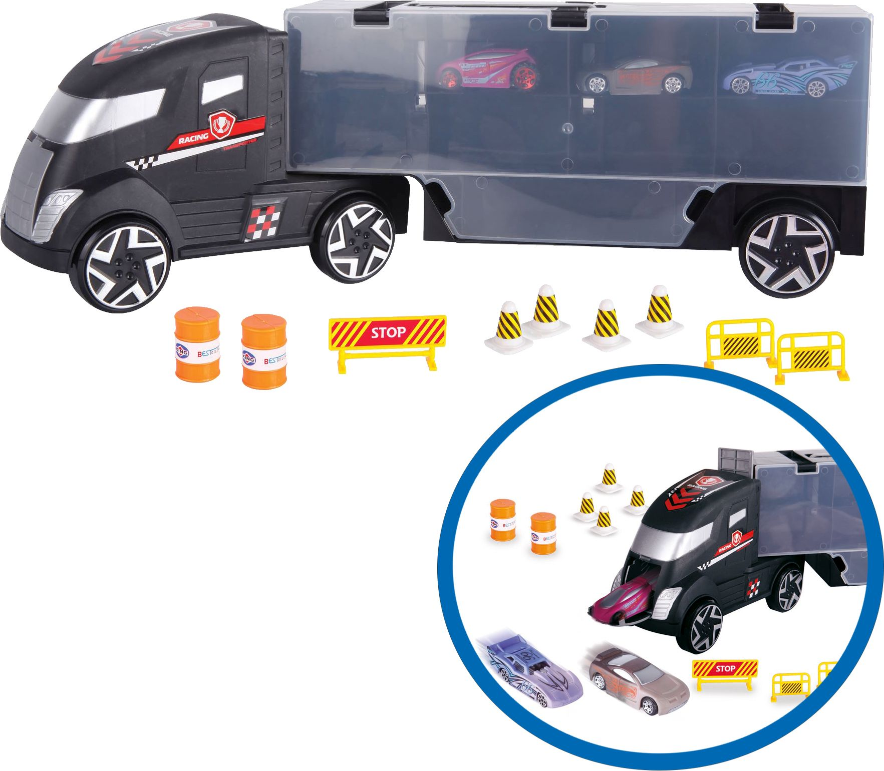 Spielzeug-LKW mit Autos in einem transparenten Container, plus Straßenschilder. Zusätzliche Szene im Kreis.