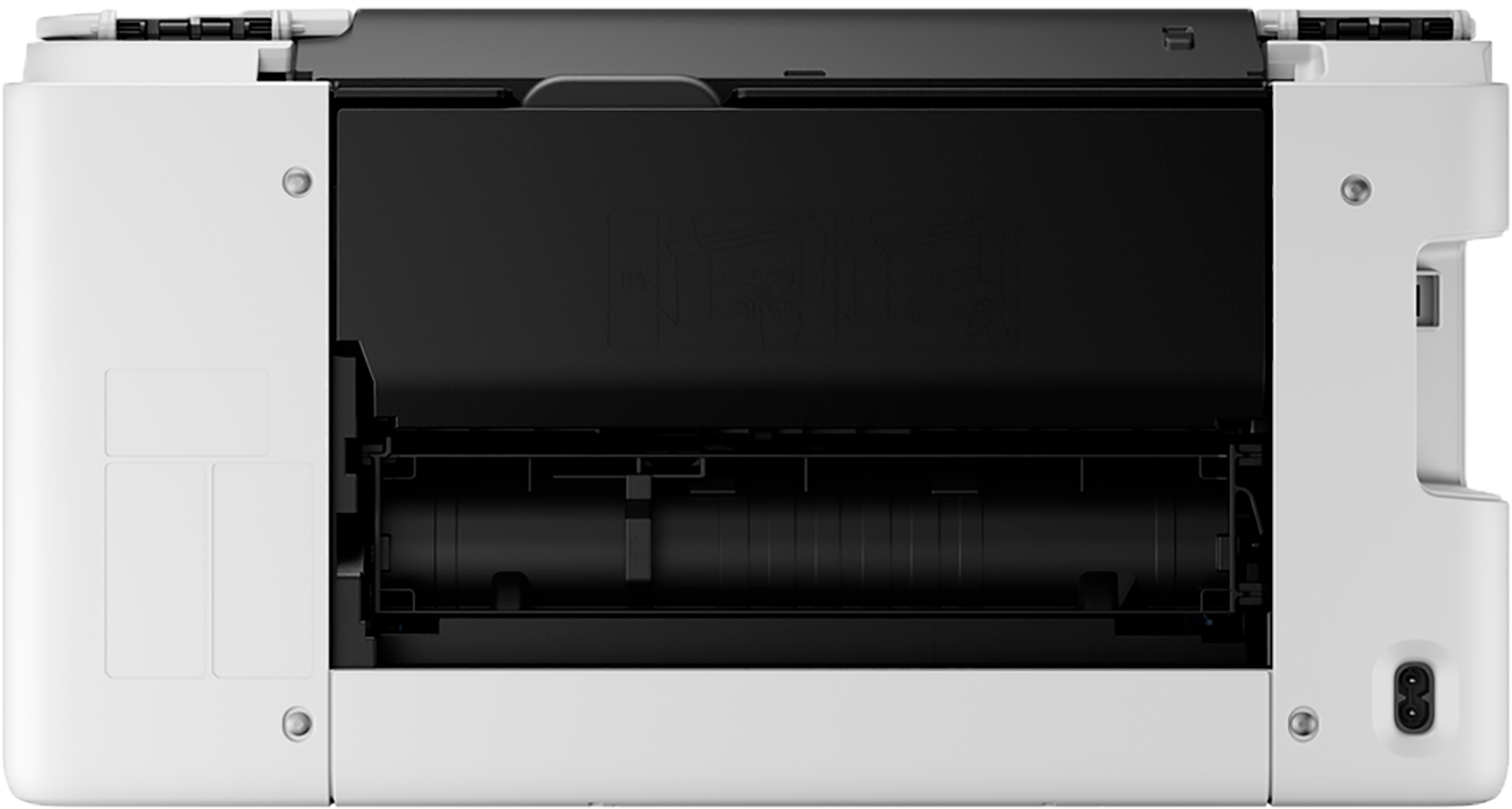 Top view of an open white printer showing the interior with a black roller and tray.