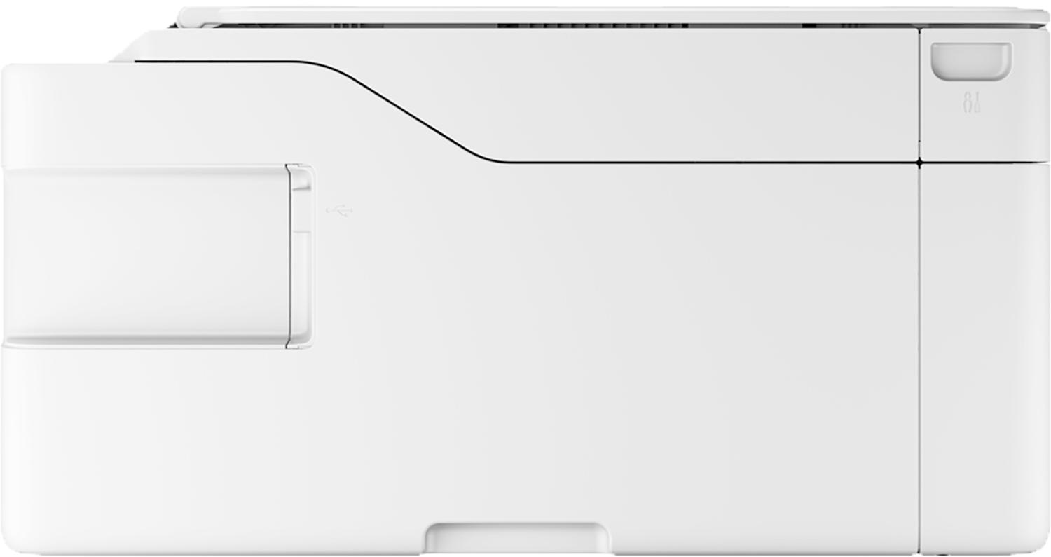 White printer with top view, showing the top surface and a side tray.
