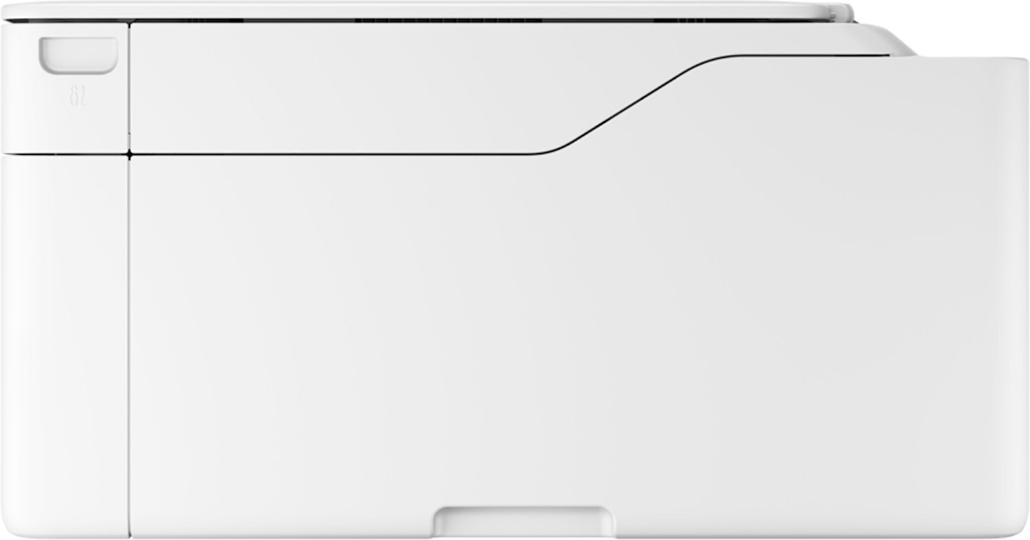 A white printer with a side view, showing a slot and a small panel. White background.