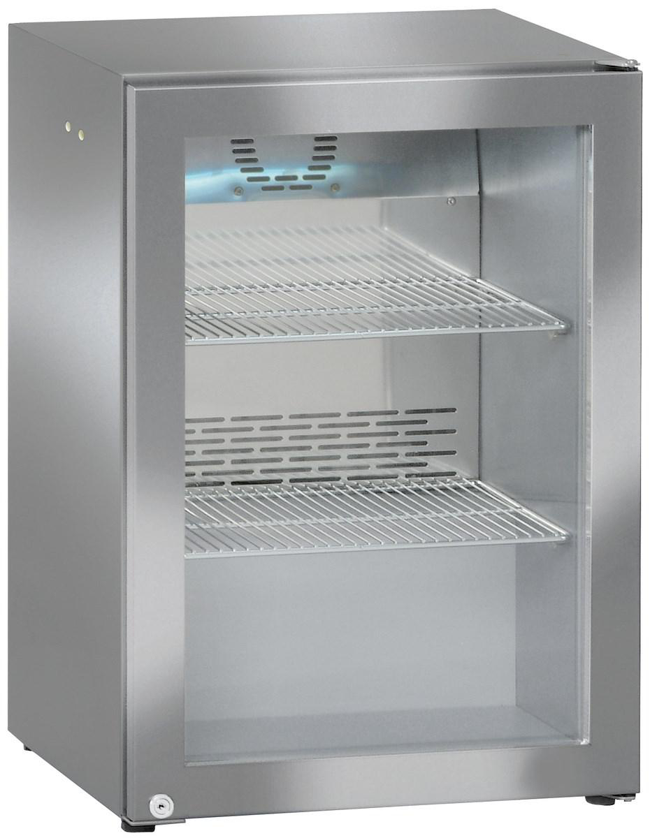 Ein Mini-Kühlschrank aus Edelstahl mit zwei Regalen und einer Glastür.