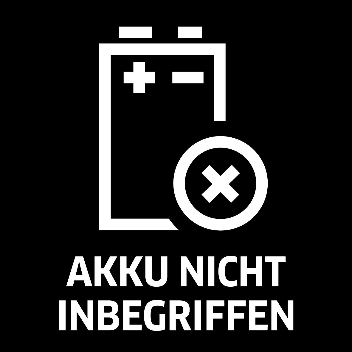 Ein weißes Batteriesymbol mit einem roten X darüber und den Worten 