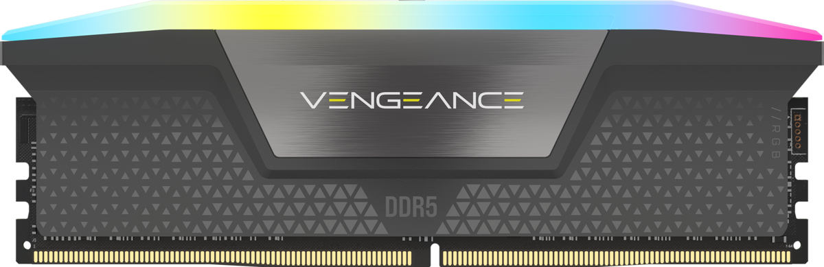 Un modulo RAM con la scritta 'VENGEANCE' e 'DDR5', con una luce RGB nella parte superiore.