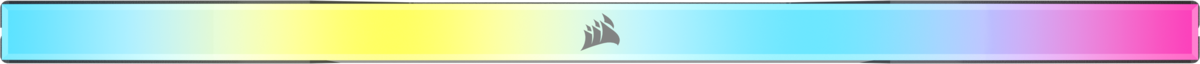Una barra sfumata con colori giallo, blu e rosa. Un logo Corsair grigio al centro.