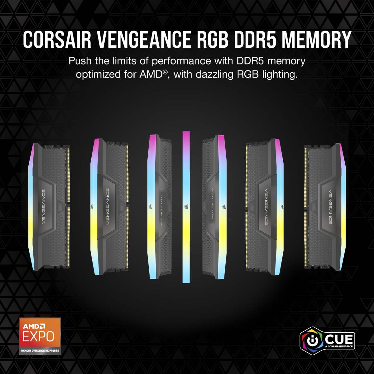 Moduli di memoria Corsair Vengeance RGB DDR5, con testo e loghi su sfondo scuro.