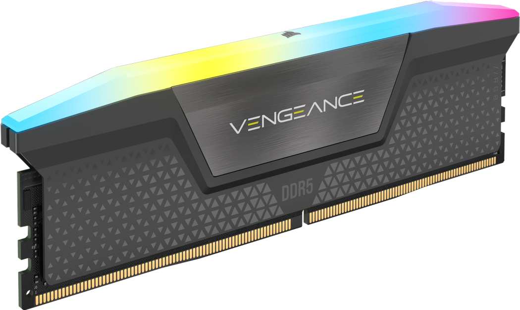 Un modulo RAM con luci colorate sopra e la parola VENGEANCE.