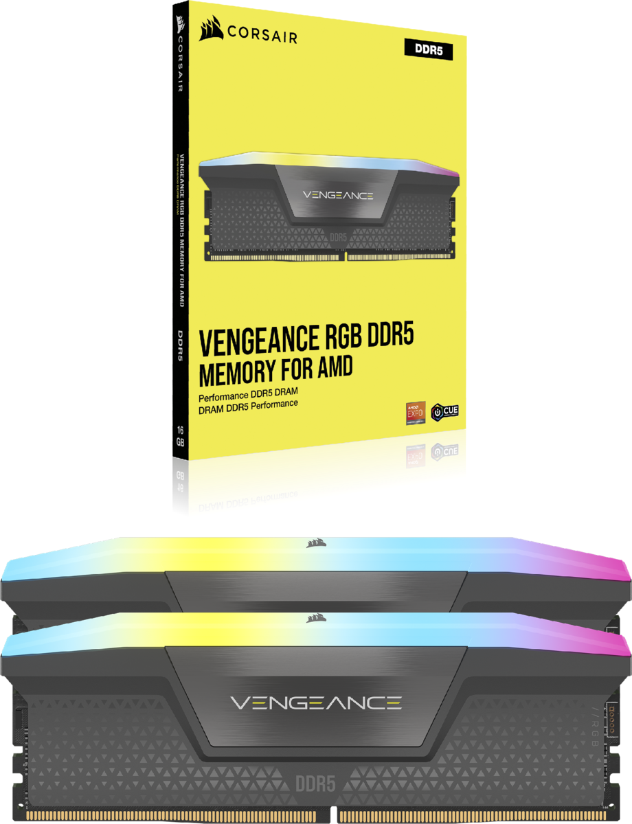 Due stick RAM e confezione, etichettati 'Vengeance RGB DDR5 Memory' per AMD, con illuminazione multicolore.