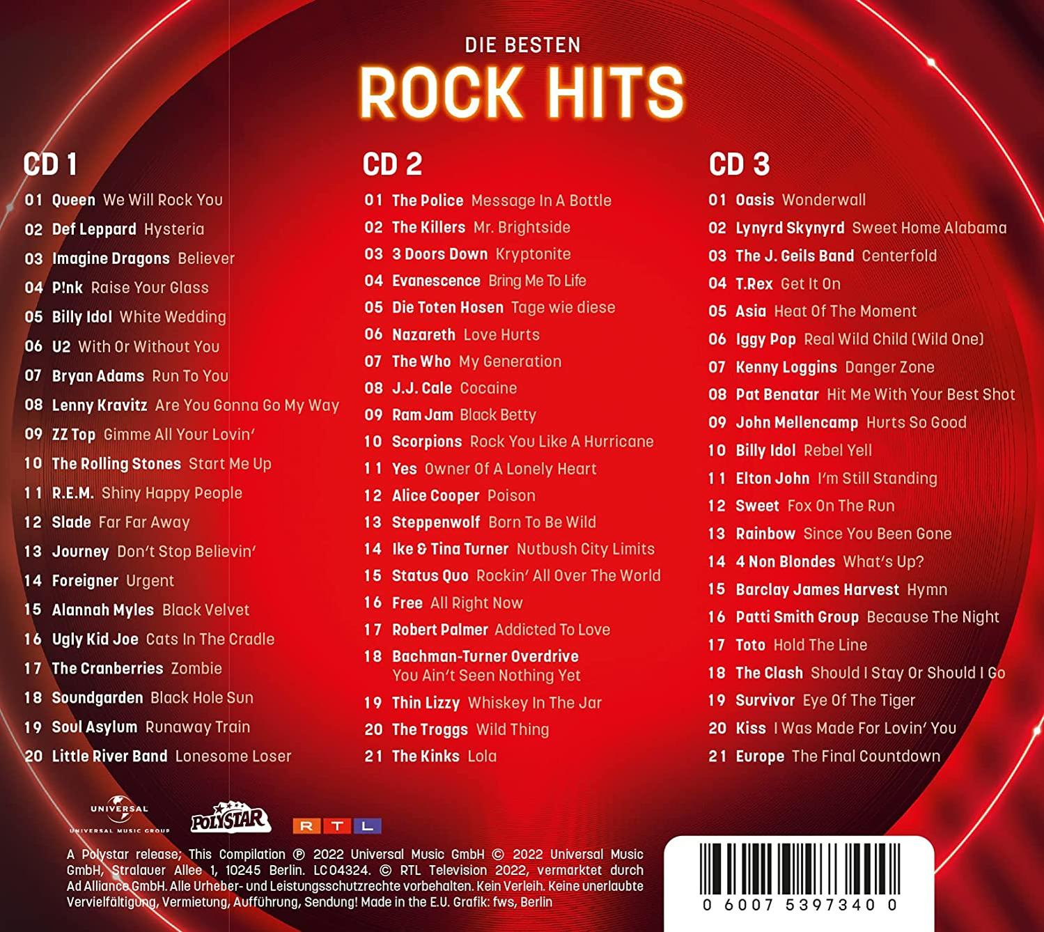 Eine CD mit dem Text: 'Die Besten Rock Hits'. Es gibt 3 CDs mit Songs.