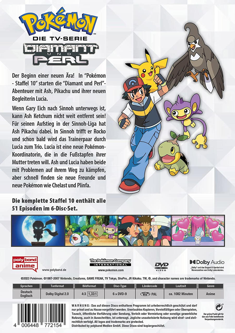 Pokémon Diamant & Perl DVD-Cover. Ash, Pikachu und Freunde sind abgebildet. Buntes Bild mit Text.
