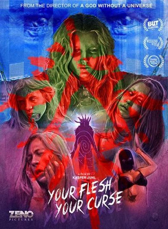Affiche du film "Your Flesh Your Curse". Les visages sont au premier plan. L'arrière-plan a une teinte violette.