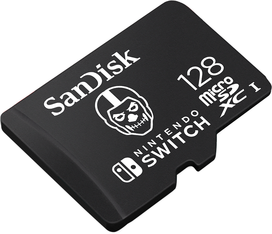 Black Nintendo Switch Micro SD card with a skull logo and text: 'NINTENDO SWITCH'.