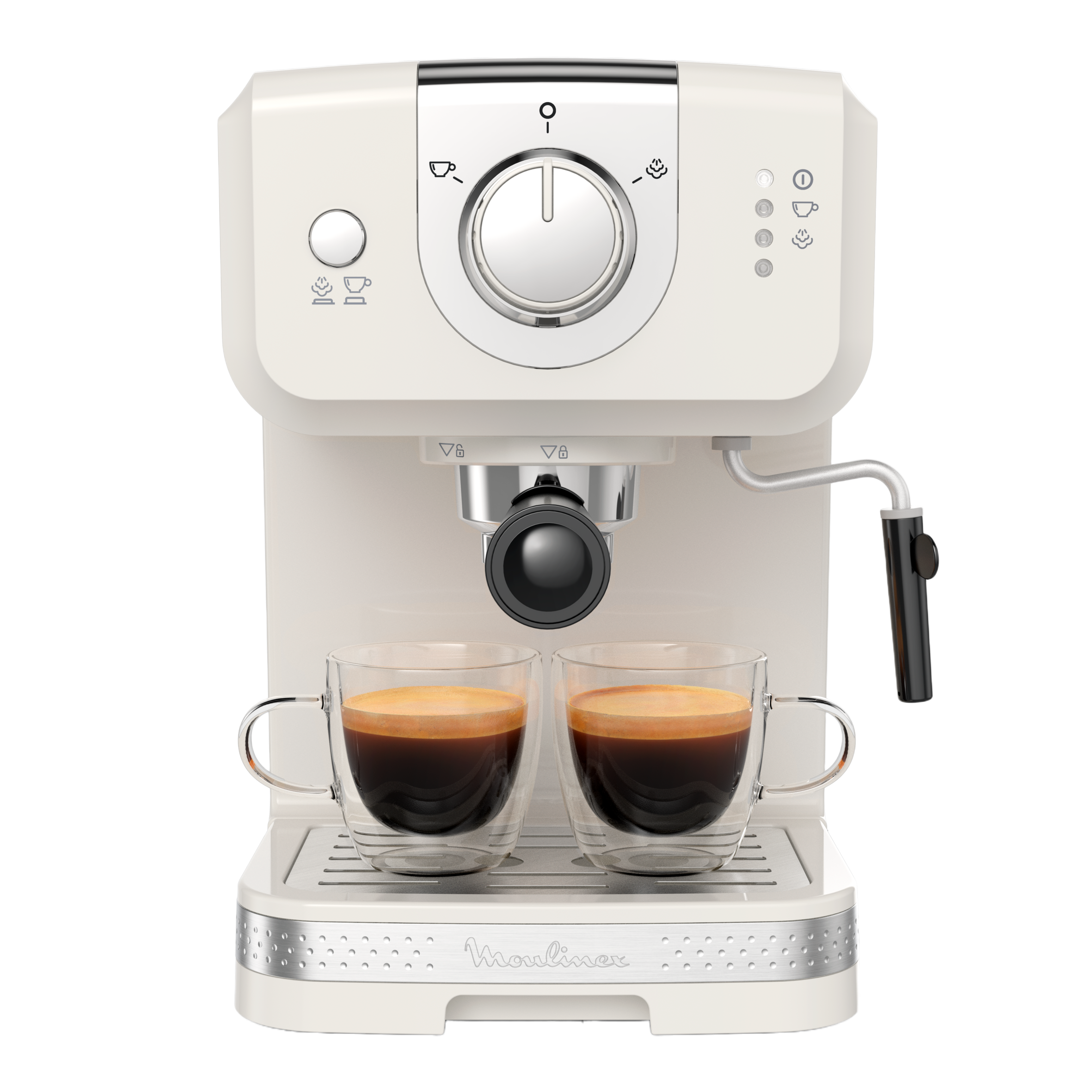Cafetera express - Moulinex XP330A10 Opio Soleil, 1450 W, 15 Bar, 1.5 L, Bomba de presión, Boquilla de vapor, 2 tazas, Calentador de tazas, Marfil