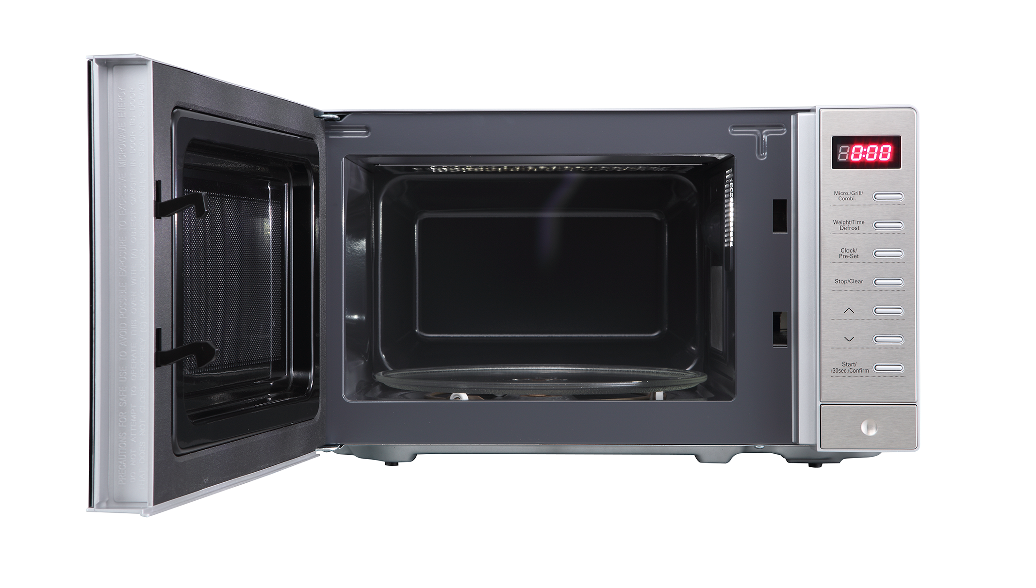 Horno microondas, puerta abierta. Interior y panel de control visibles.