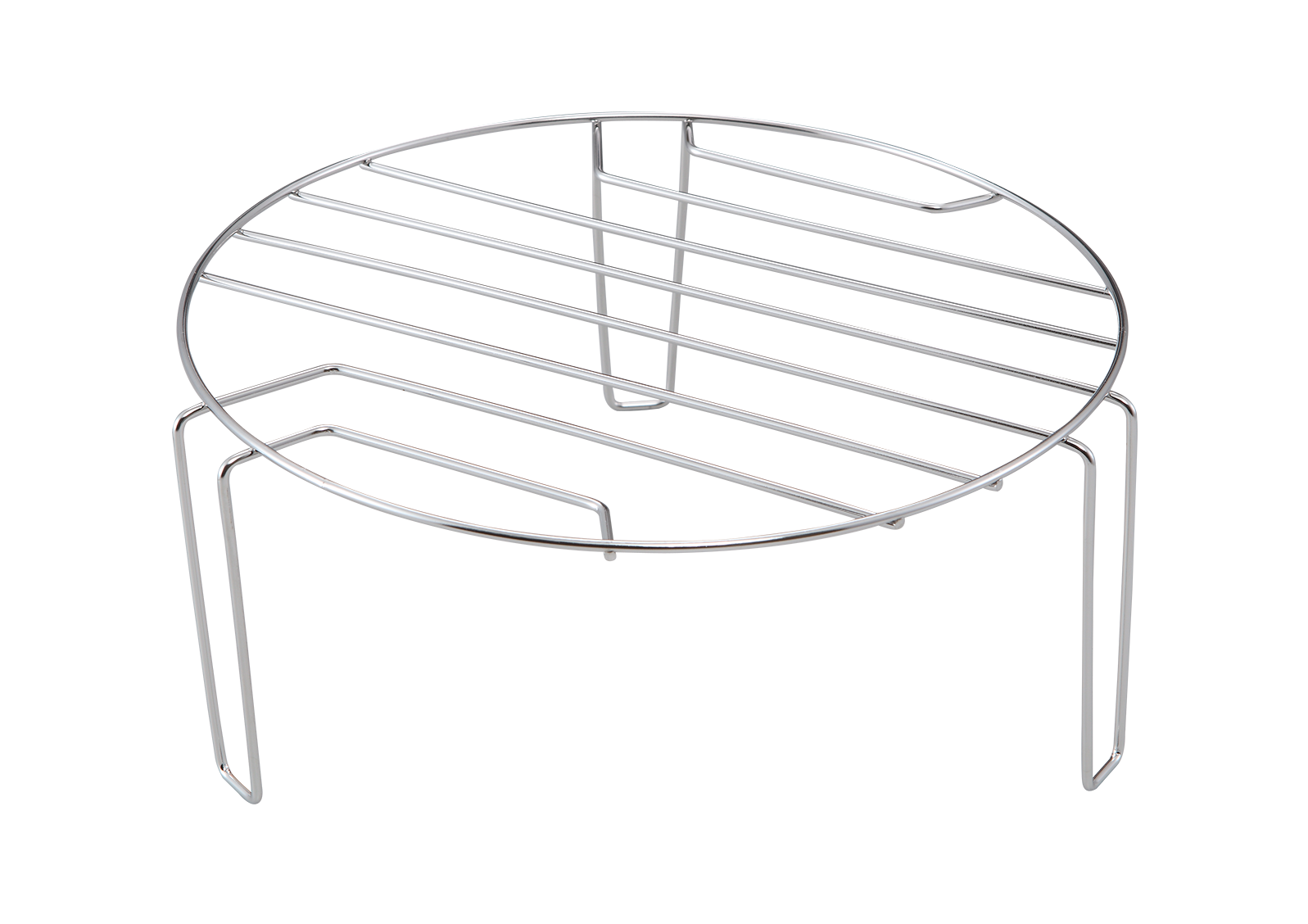 Una rejilla de cocina de metal plateado con una parte superior circular y un soporte con patas.
