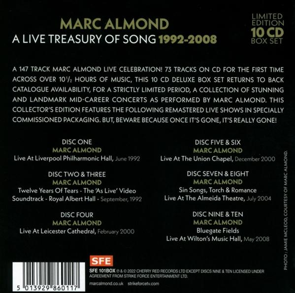 Rückseite eines Marc Almond CD-Box-Sets. Zeigt Titellisten, Text und Cover-Art von 1992-2008.