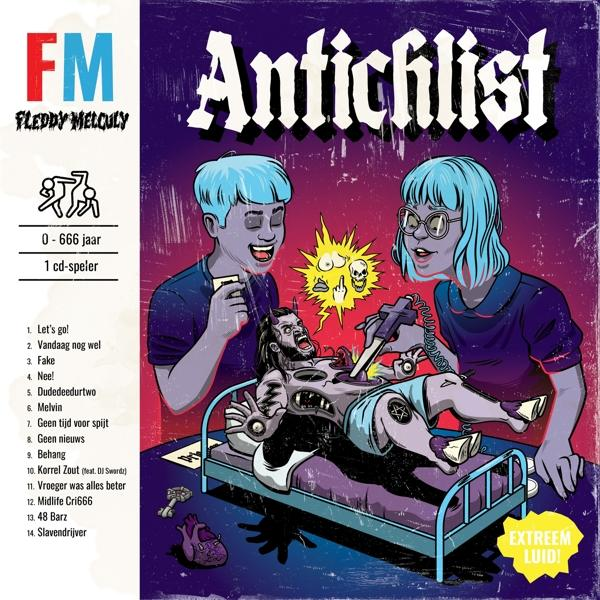 Pochette de l'album Antichlist de FM Fleddy Melculy. Deux personnes tatouent une personne sur un lit, texte au-dessus.