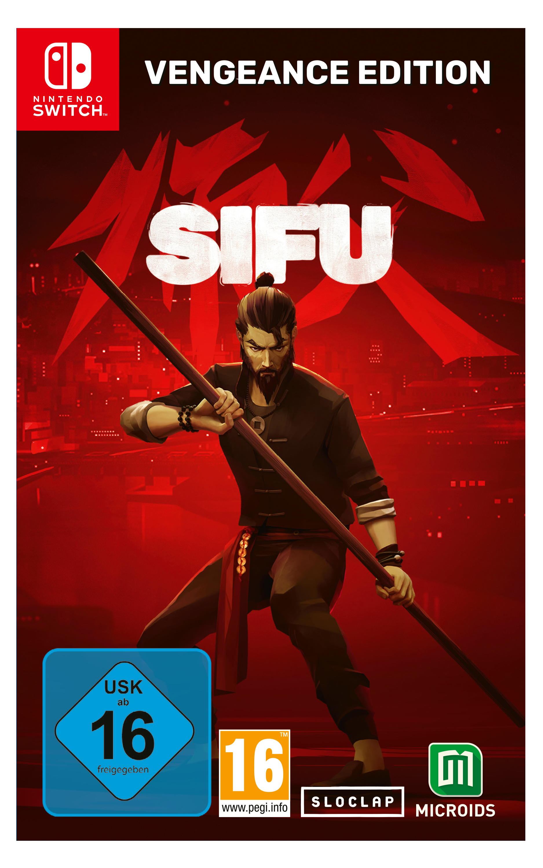 Sifu Spielcover. Mann mit Stab vor rotem Hintergrund mit japanischem Zeichen.