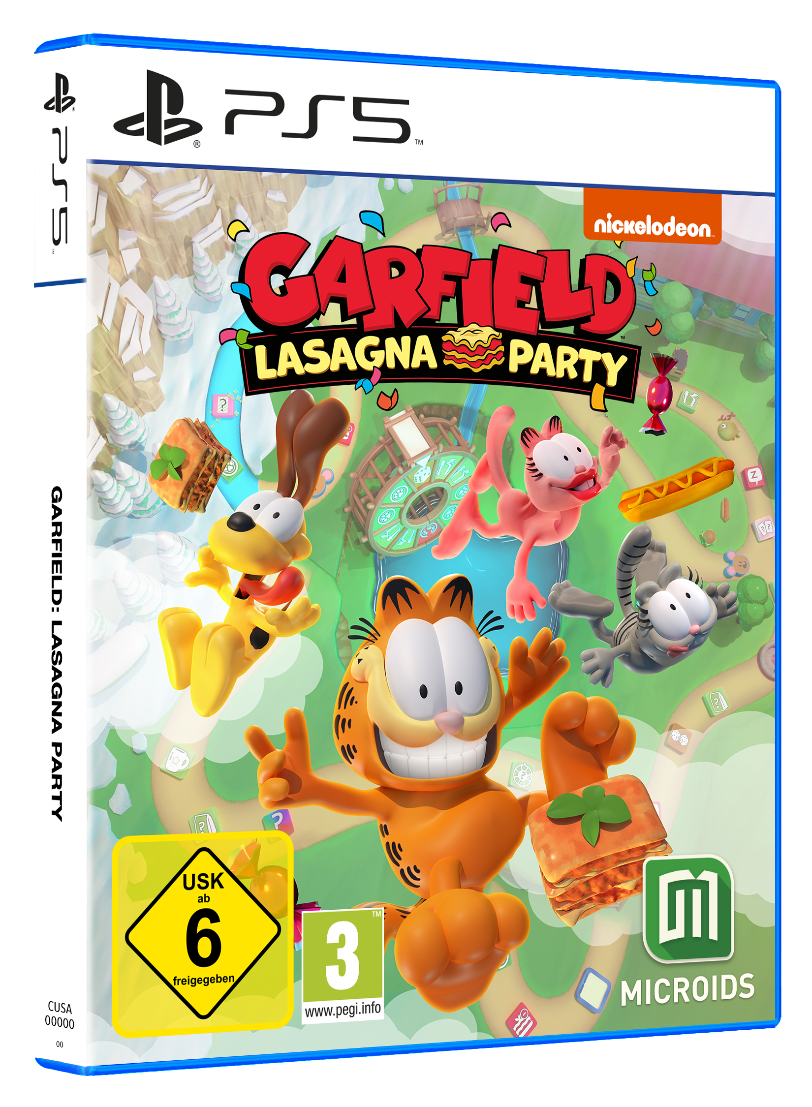 Garfield Lasagna Party PS5-Spielbox. Garfield und Freunde sind auf dem Cover. USK 6-Einstufung.