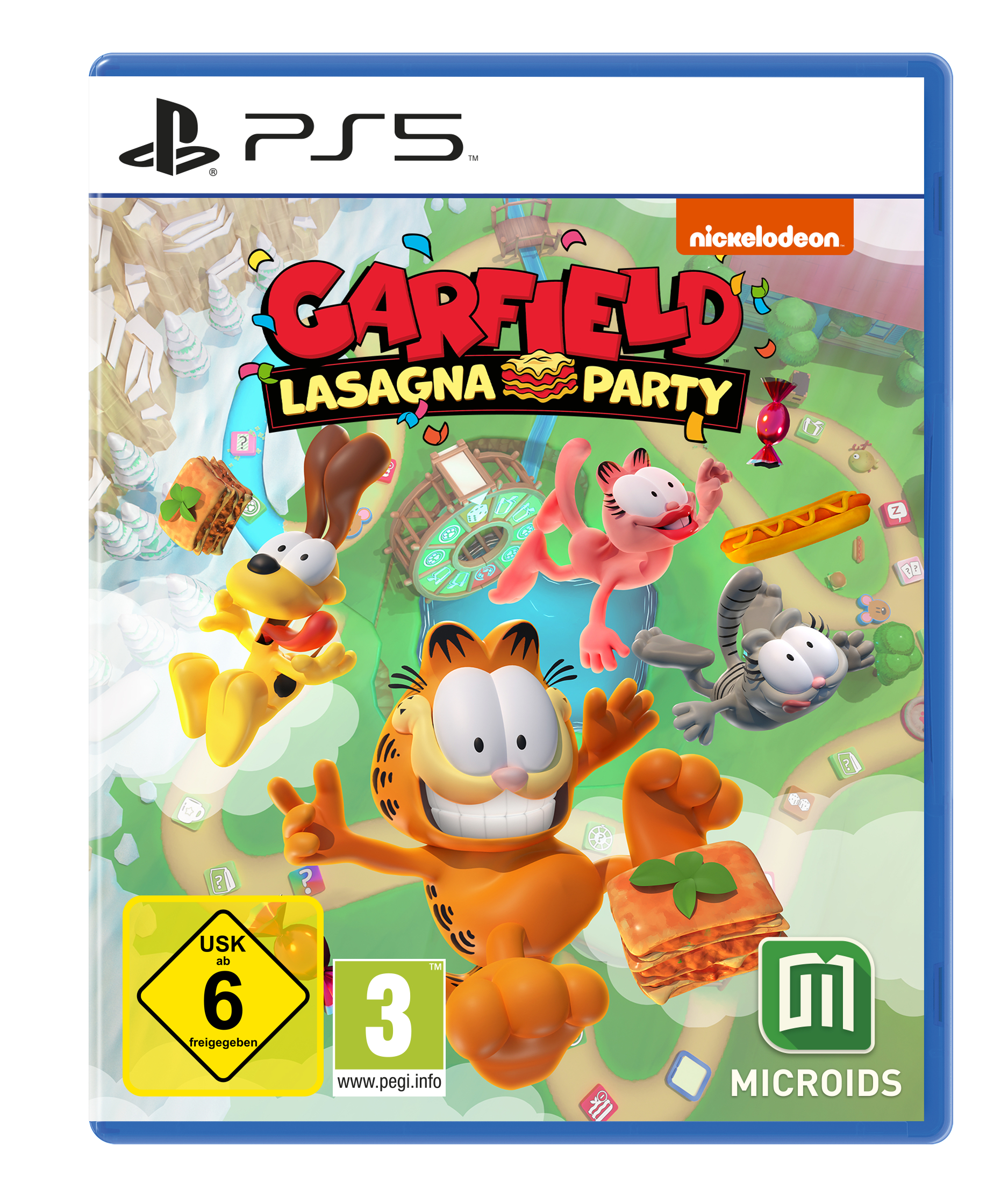 PS5-Spielcover: Garfield und Freunde mit Lasagne. Titel: 'Garfield Lasagna Party'.