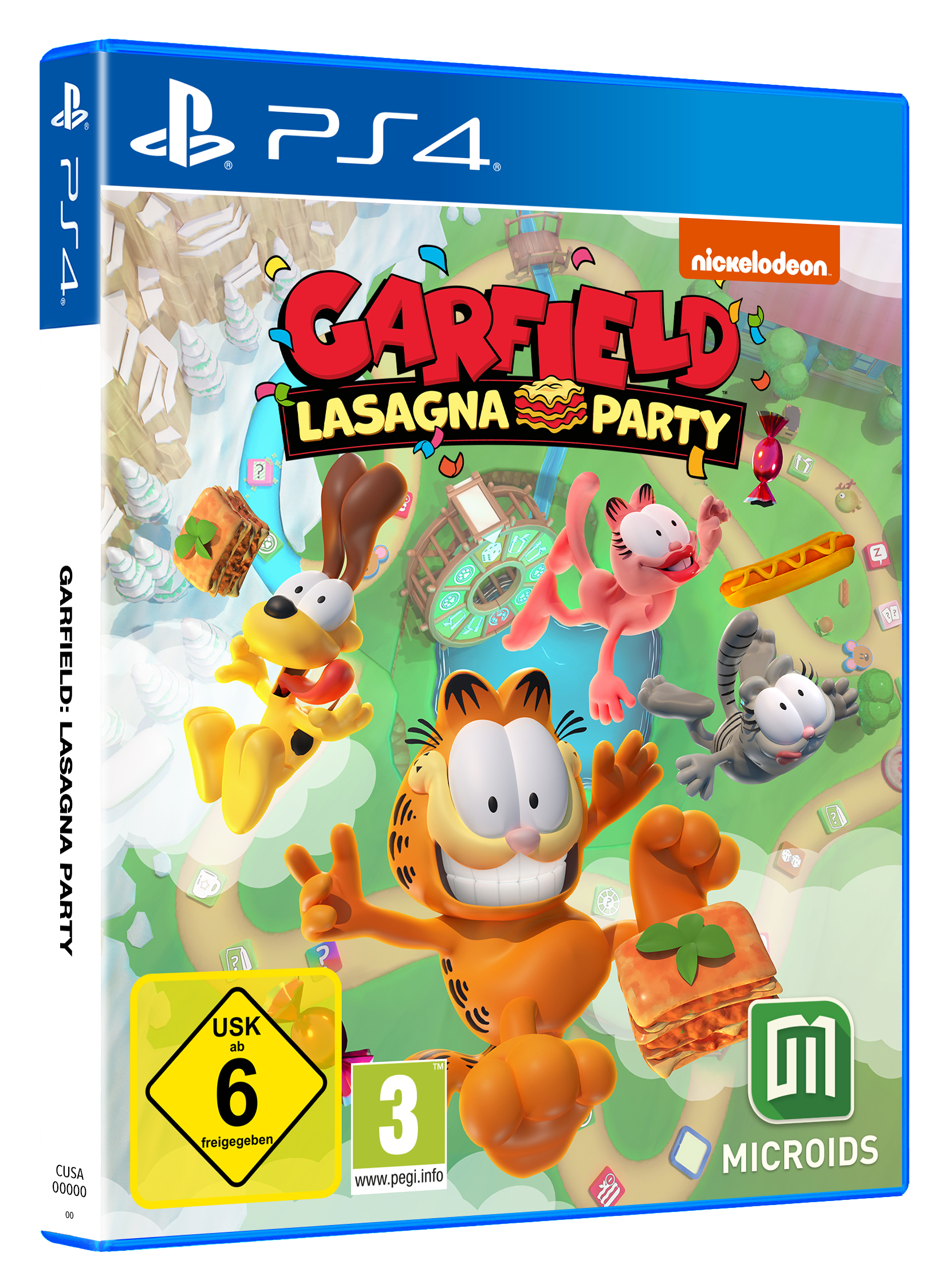 PS4 Garfield Lasagna Party Spielbox. Das Cover zeigt Garfield und Freunde auf einem bunten Spielbrett.