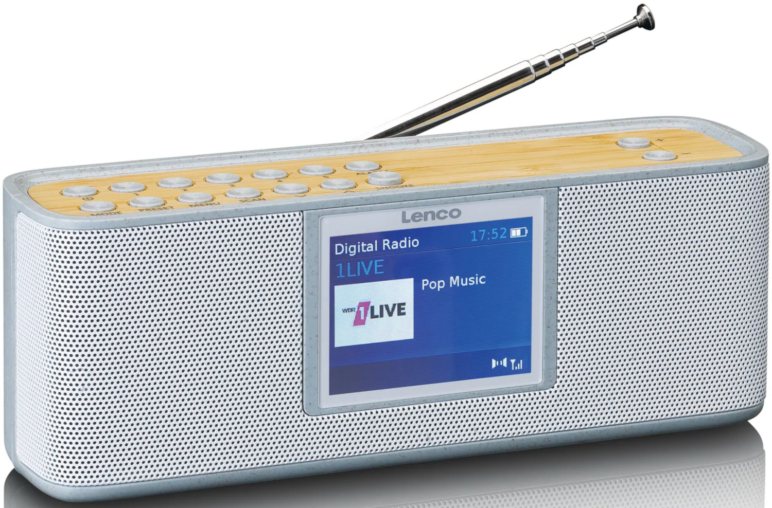 Silver and gray Lenco digital radio with a wooden top, antenna extended, and a screen displaying Pop Music.