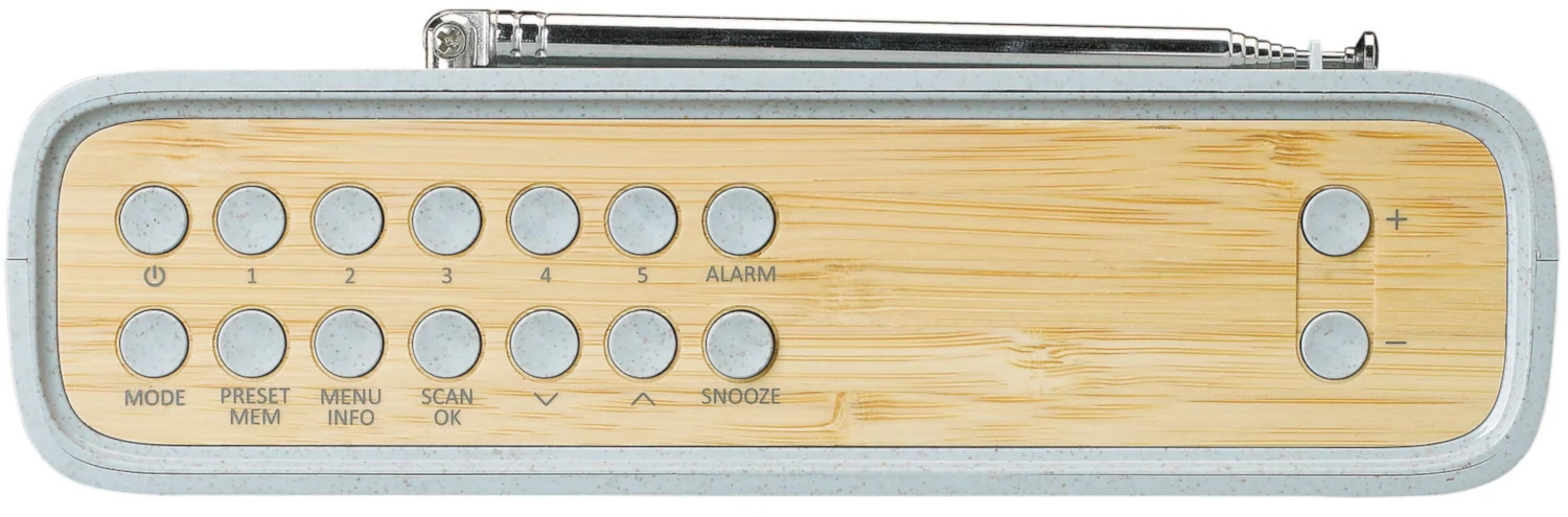 Top view of a radio with buttons labeled MODE, PRESET, MENU, INFO, SCAN, and SNOOZE.