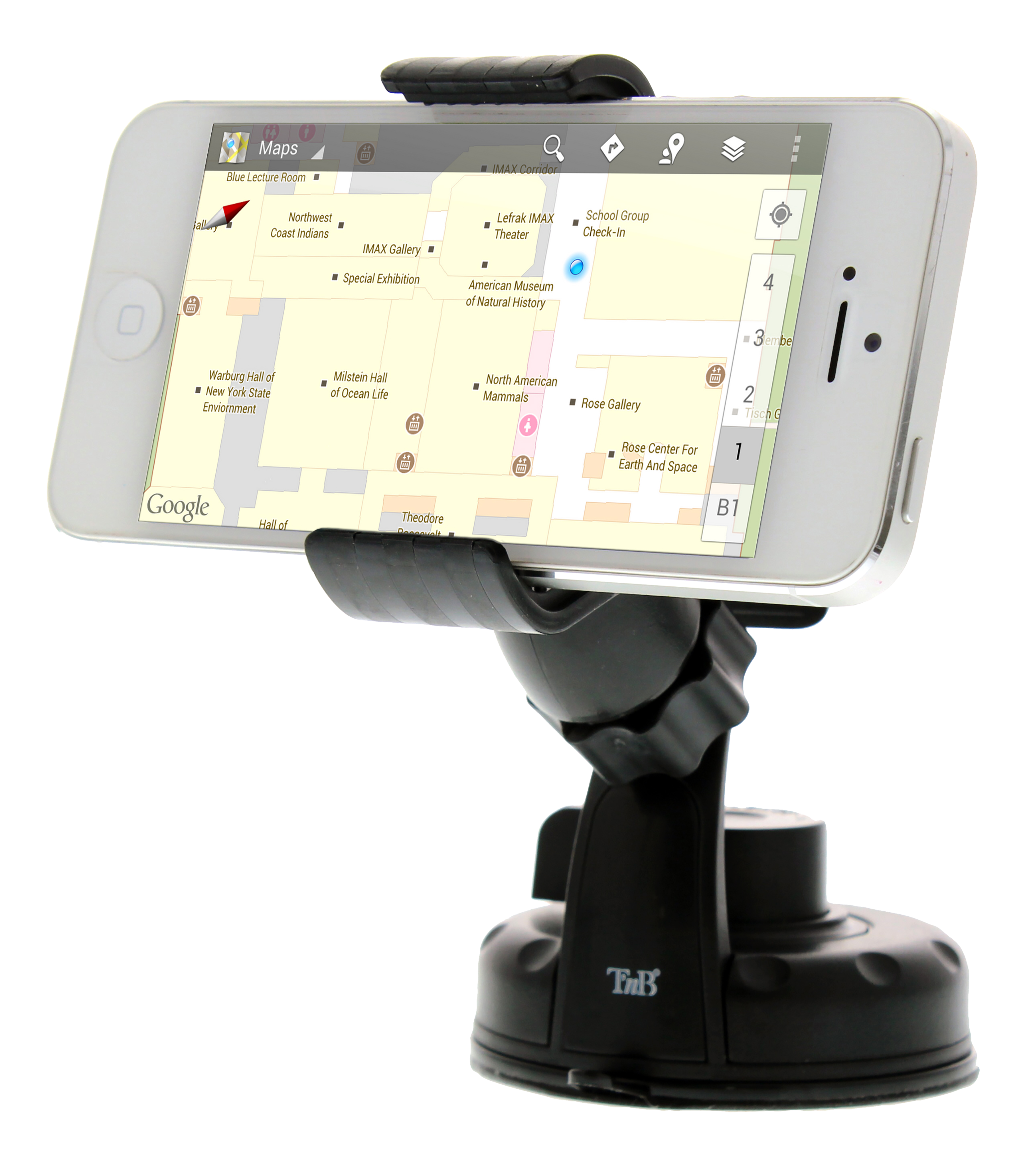 Smartphone fixé sur un support de voiture. Le téléphone affiche une interface cartographique avec des instructions de navigation.