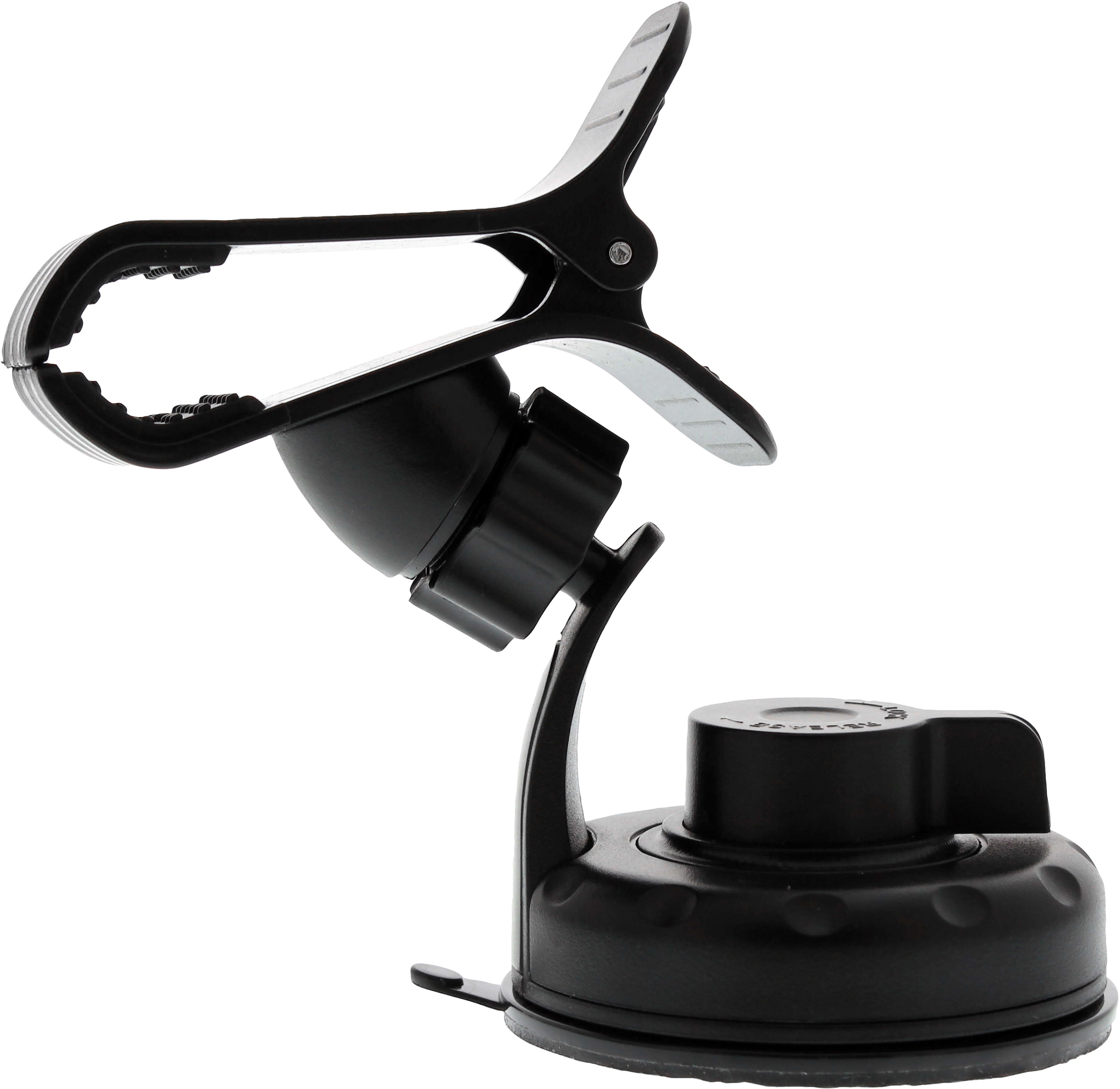 Un support de téléphone de voiture noir avec une base à ventouse et une pince à ressort.