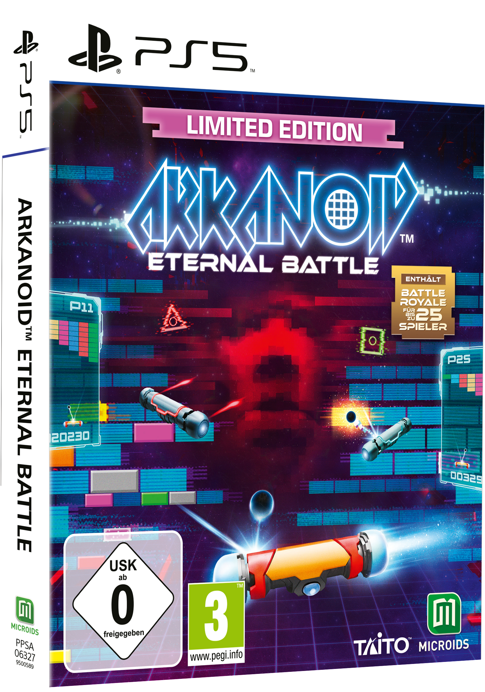 Arkanoid Eternal Battle Spielbox. Bunte Grafik mit Raumschiffen und Ziegeln. PS5 Logo.