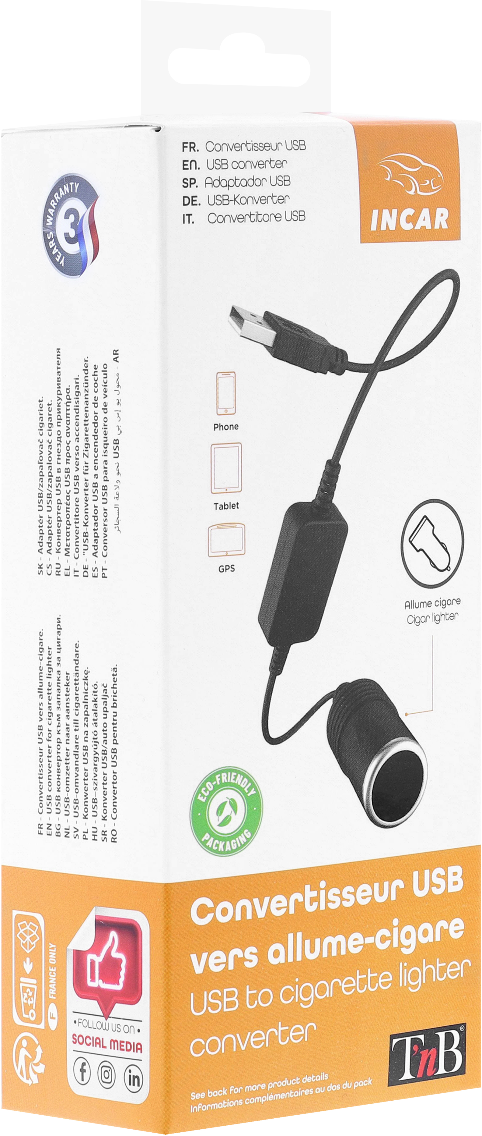 USB-zu-Zigarettenanzünder-Adapter-Box, mit Produktbildern und Text.