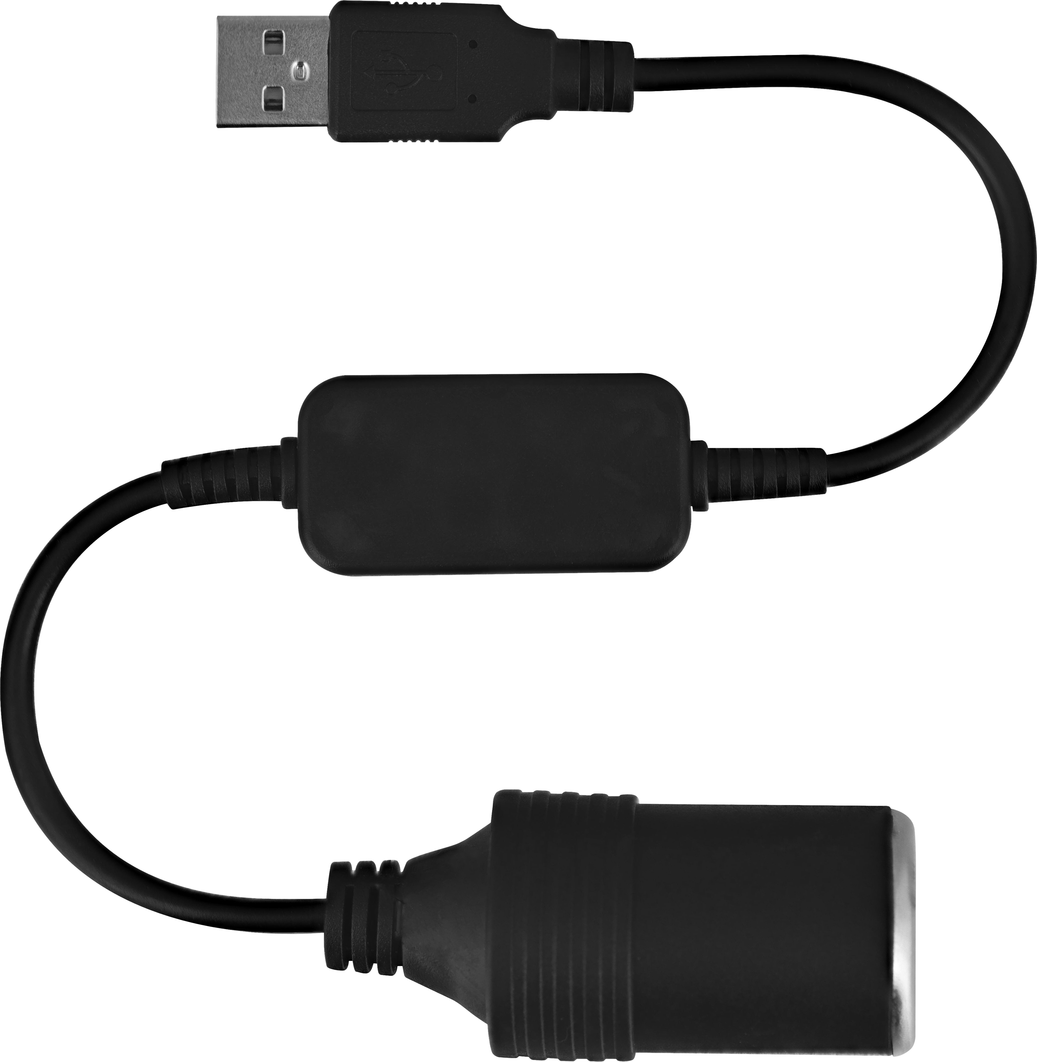 Schwarzer USB-zu-12V-Adapter. USB oben, 12V-Buchse unten.