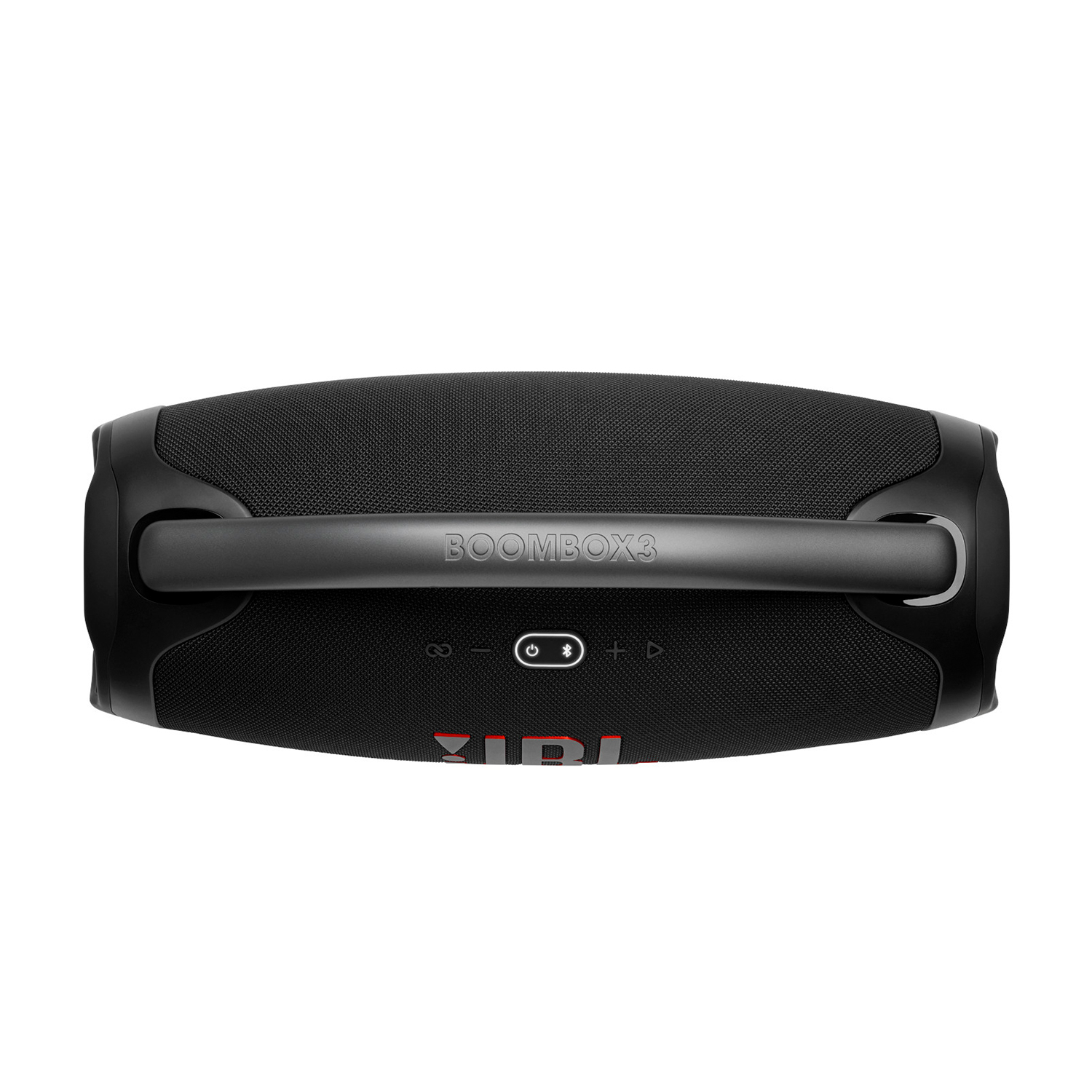 Un altoparlante JBL Boombox 3 nero. L'altoparlante è visto dall'alto, con il logo JBL visibile.