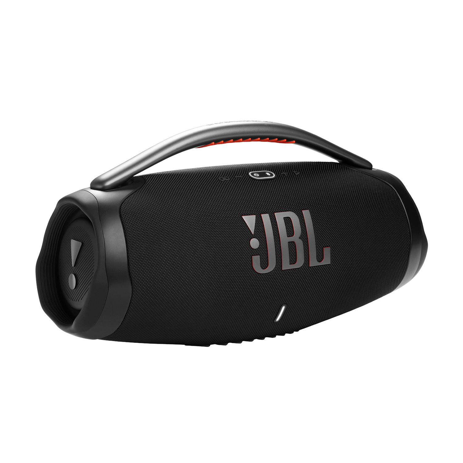 Un altoparlante JBL nero con maniglia e logo JBL. È su sfondo bianco.
