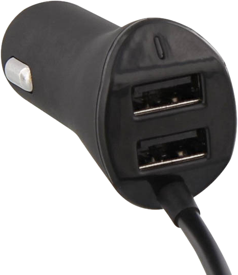 Un chargeur de voiture noir avec deux ports USB, vu de près.