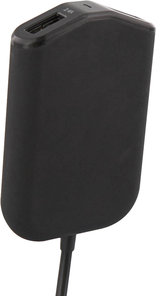 Chargeur noir avec port USB et câble de charge.