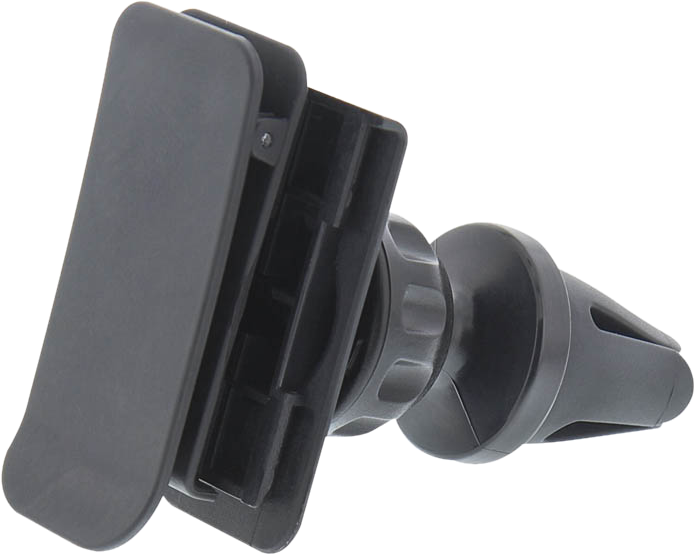 Un support de téléphone noir pour aération de voiture est montré. Il a un clip, une base réglable et une fixation pour aération, tout en plastique noir.