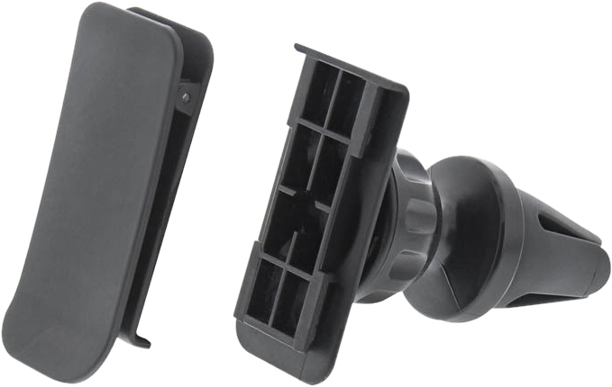 Support de ventilation de voiture noir pour téléphone. Deux parties, clip et support, sont montrées.