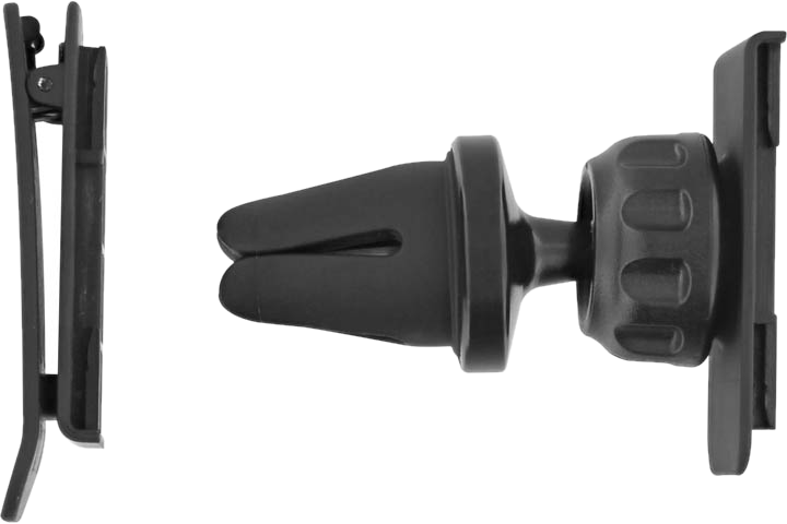 Clip de ventilation de voiture noir avec clip à gauche et support à droite.