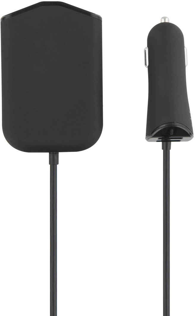 Chargeur de voiture noir avec un long câble noir.