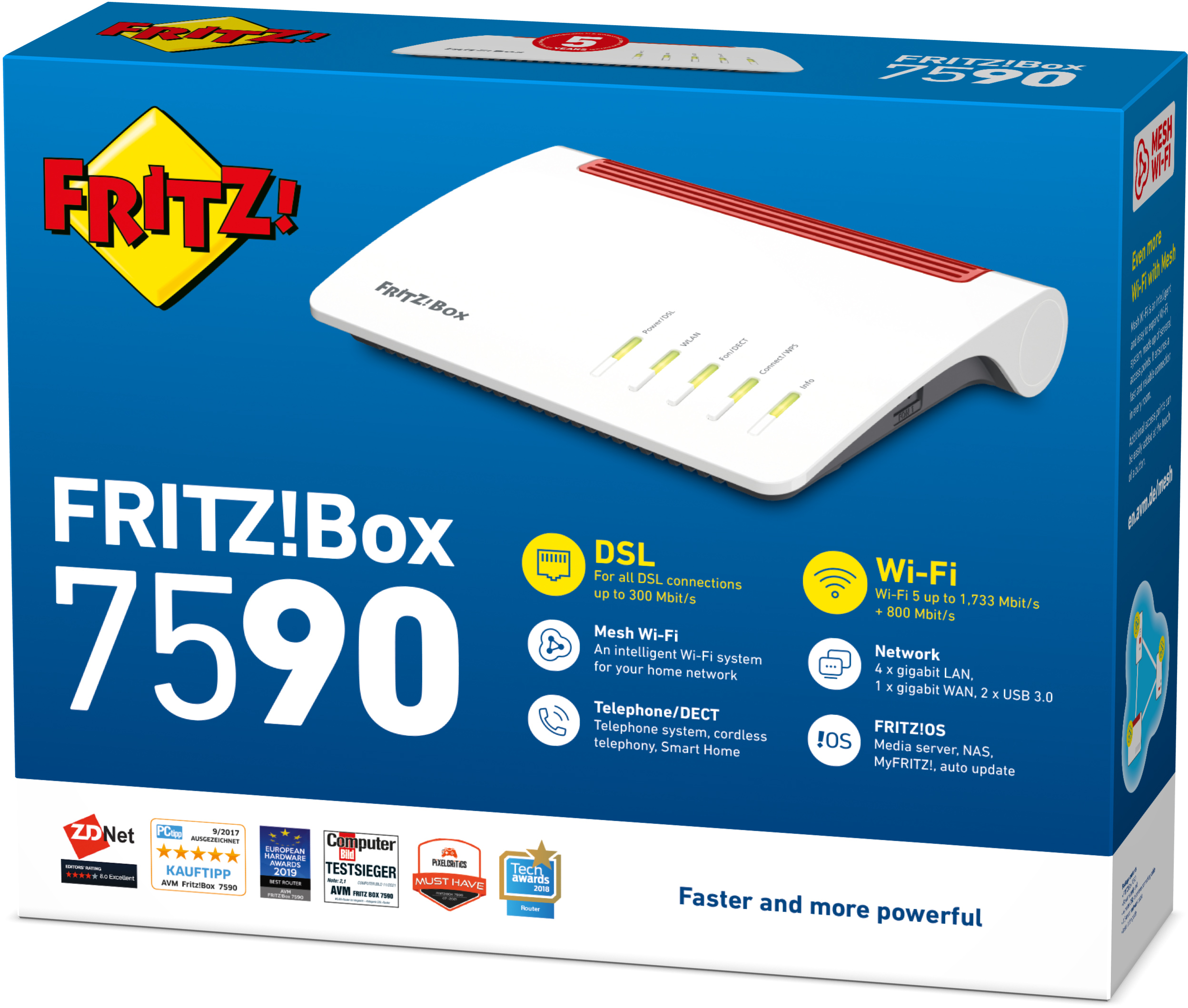 Ein Router-Karton mit einem weißen Router, Text über das Gerät.