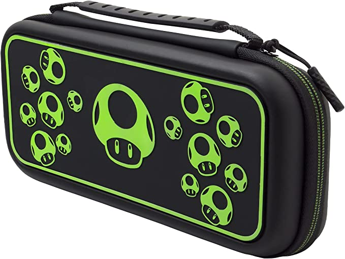 Funda negra con diseños de hongos verdes para consola de juegos, con asa y cremallera.